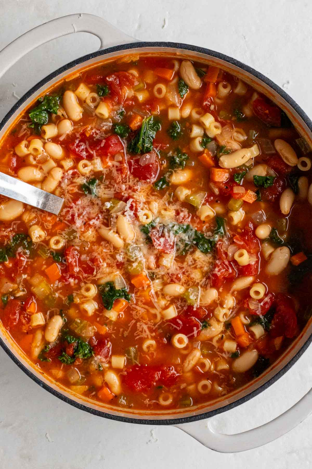 Large pot of white bean and kale minestrone soup.