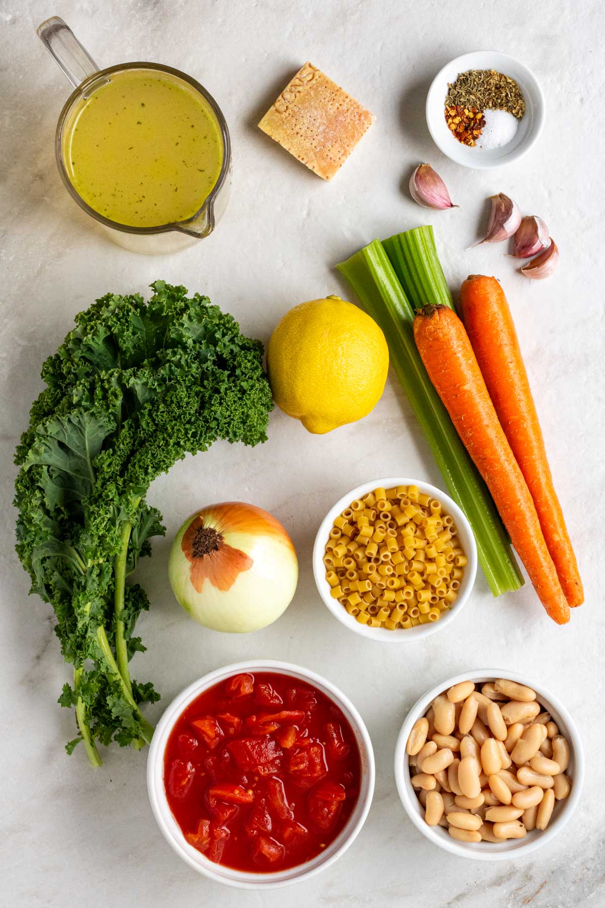Jug of vegetable broth, parmesan rind, bowl of spices, kale, onion, garlic, carrots, celery, bowl of ditalini pasta, bowl of diced tomatoes, and bowl of cannellini beans.