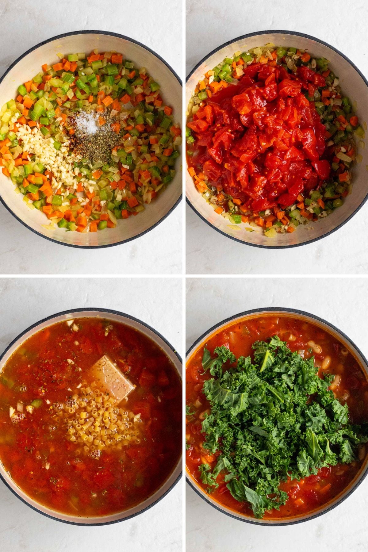 Grid of 4 images of a pot with sautéed onion, carrots, and celery with garlic and Italian seasoning on top; pot of sautéed mirepoix with diced tomatoes; pot of tomato broth with pasta and a parmesan rind; pot of minestrone with raw kale on top.