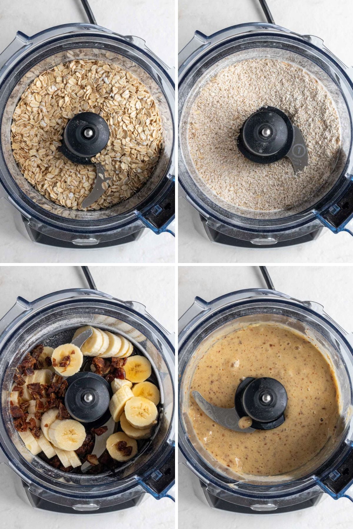 A grid of 4 images of a food processor with rolled oats; a food processor with oat flour; a food processor with sliced banana, chopped dates, melted coconut oil, vanilla extract, maple syrup, cinnamon, baking powder, and salt; a food processor with blended banana and date mixture.