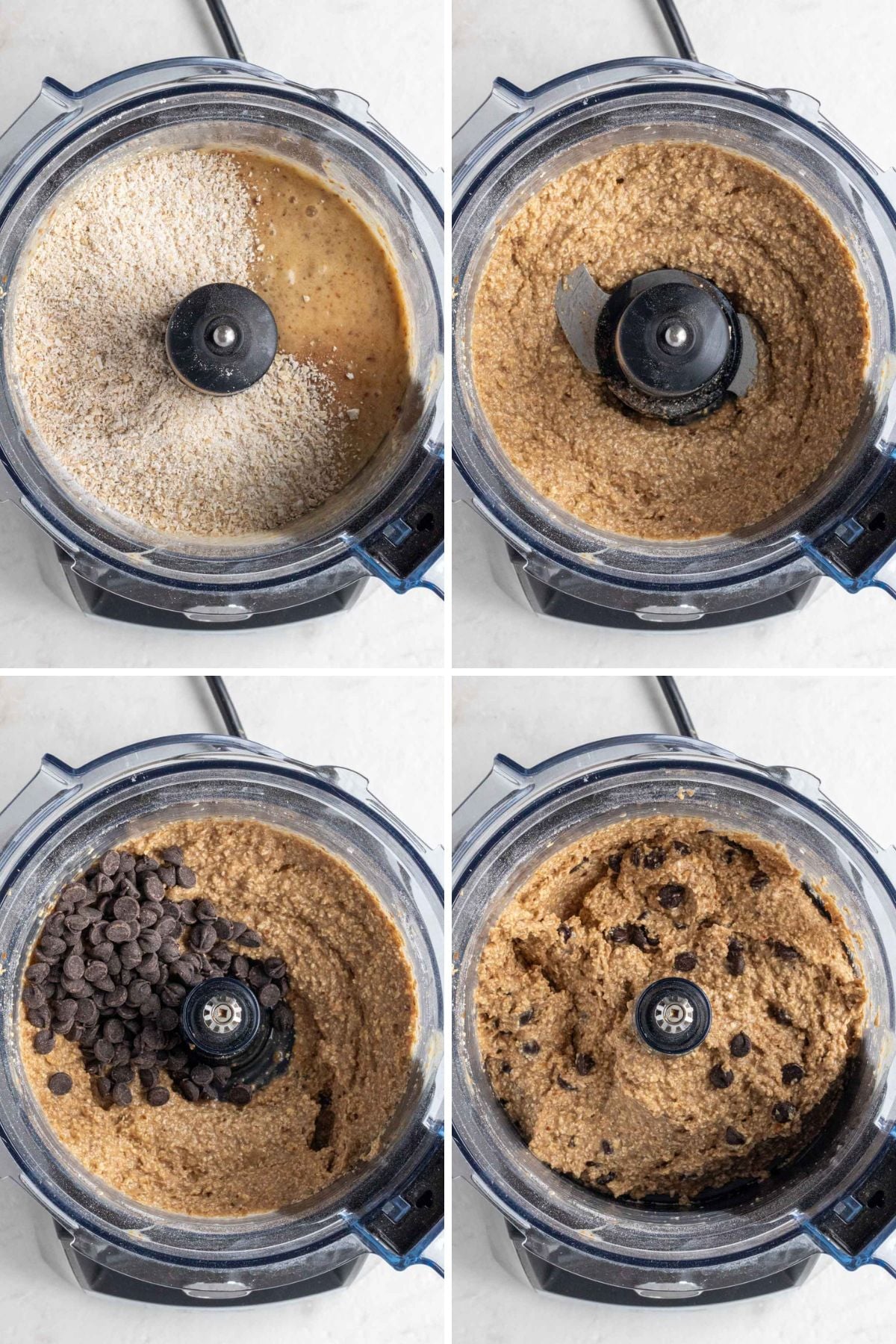 A grid of 4 images of a food processor with blended banana and date mixture with oat flour on top; a food processor with banana and oat mixture; a food processor with banana and oat mixture and dark chocolate chips on tops; and a food processor with banana bread bite batter.