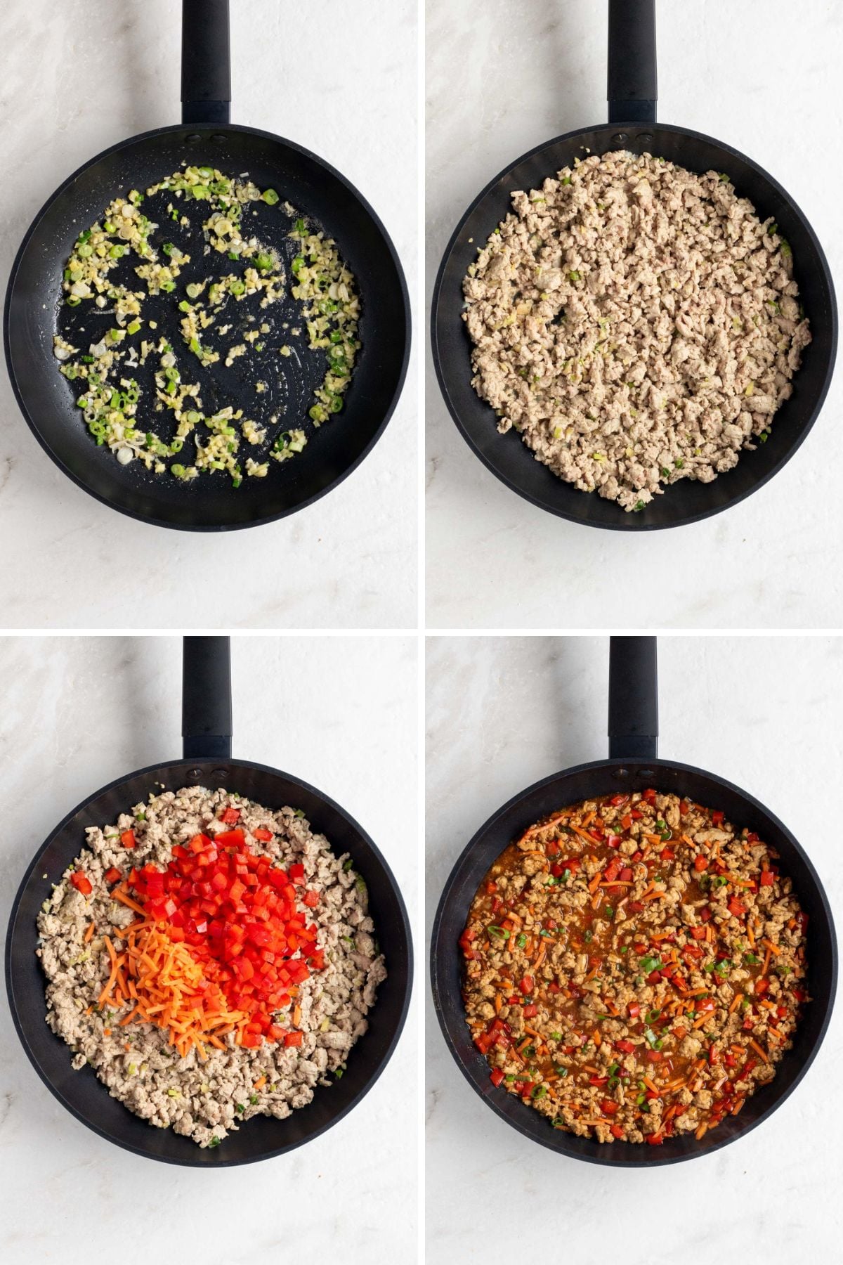 Grid of 4 images with a pan of stir-fried onion, garlic, and ginger; a pan with cooked ground chicken; a pan with cooked ground chicken, diced red pepper, and shredded carrots; and a pan of ground chicken mixture with sauce.