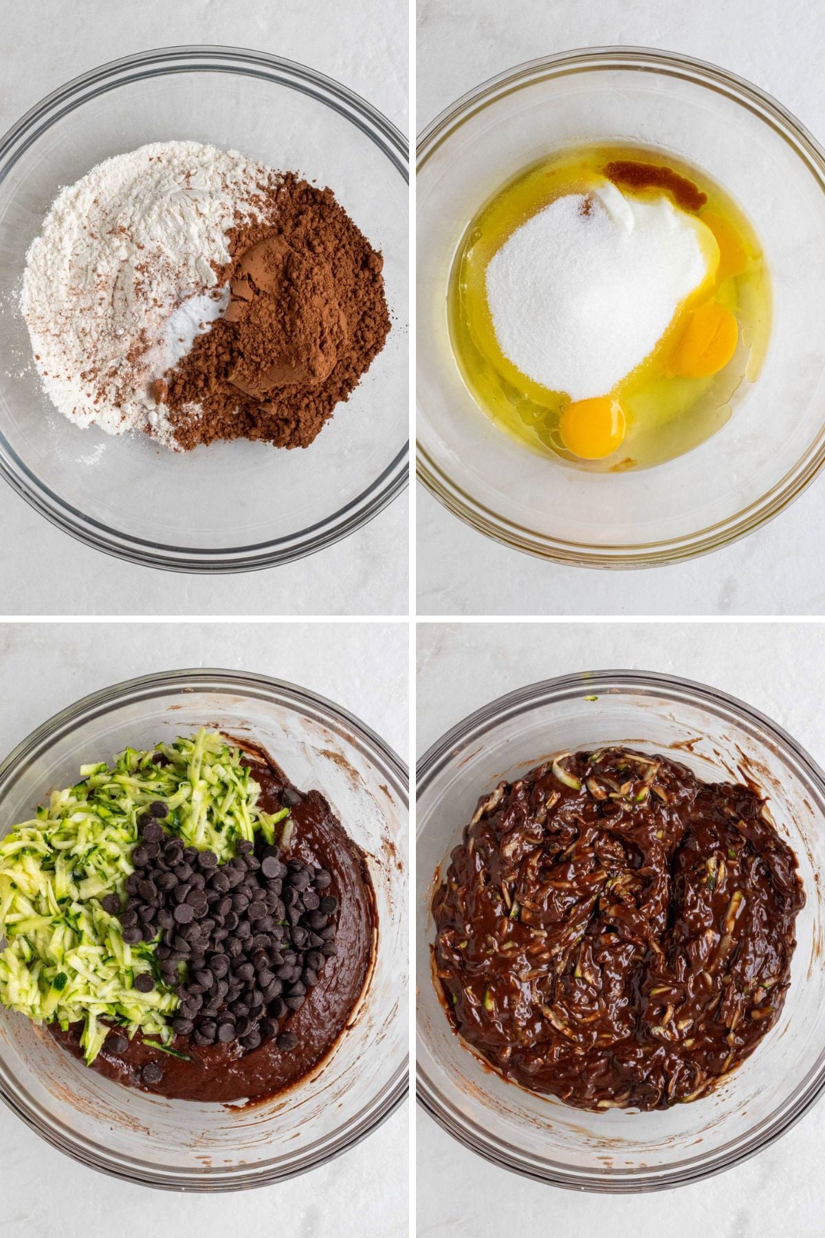 Grid of 4 images with a glass mixing bowl with all-purpose flour, cocoa powder, baking soda, and salt; glass mixing bowl with olive oil, yogurt, eggs, and sugar; glass mixing bowl with chocolate batter with shredded zucchini; and glass mixing bowl with chocolate zucchini batter.