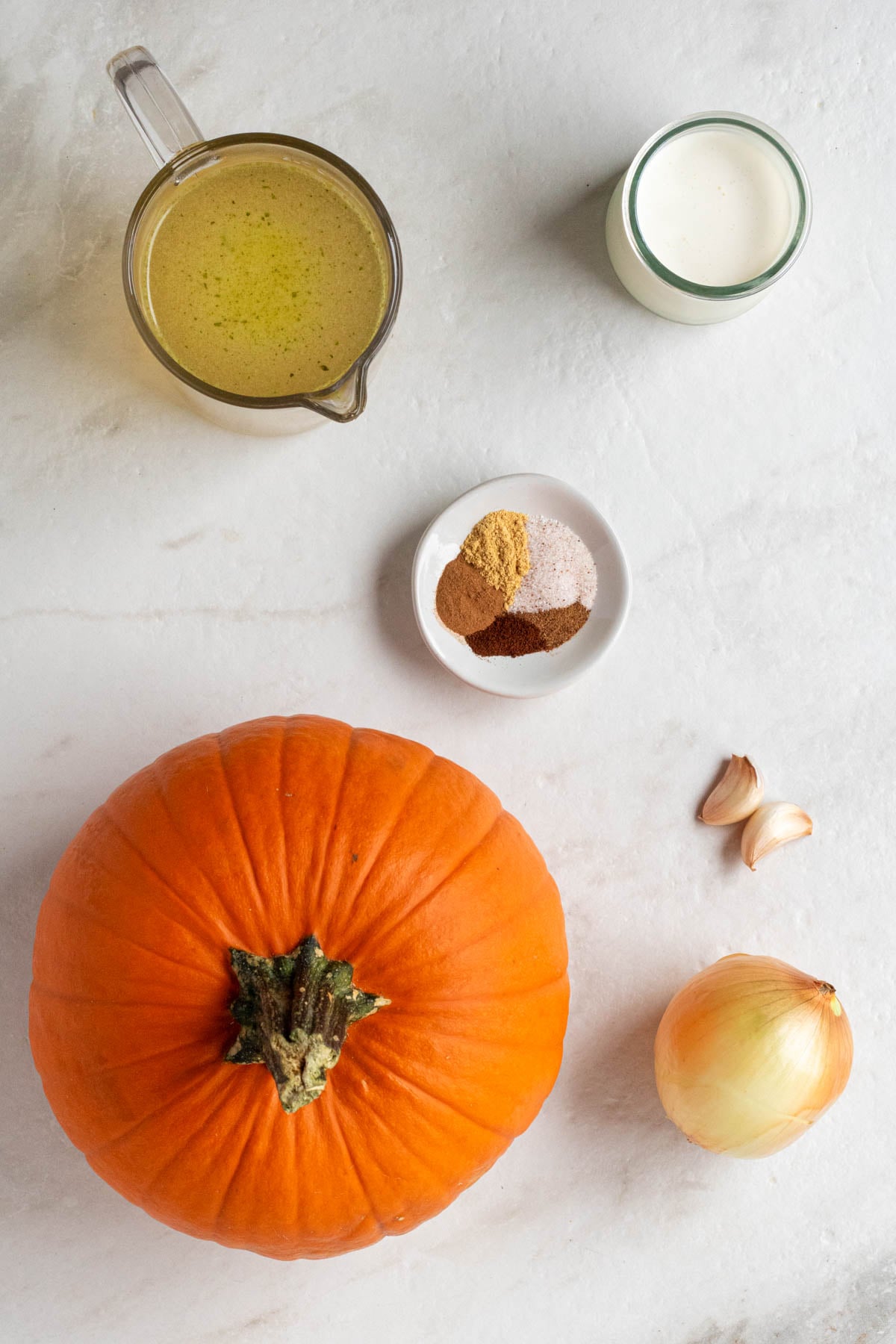 Jug of vegetable broth, heavy cream, spices, onion, garlic, and a sugar pumpkin on a white background.