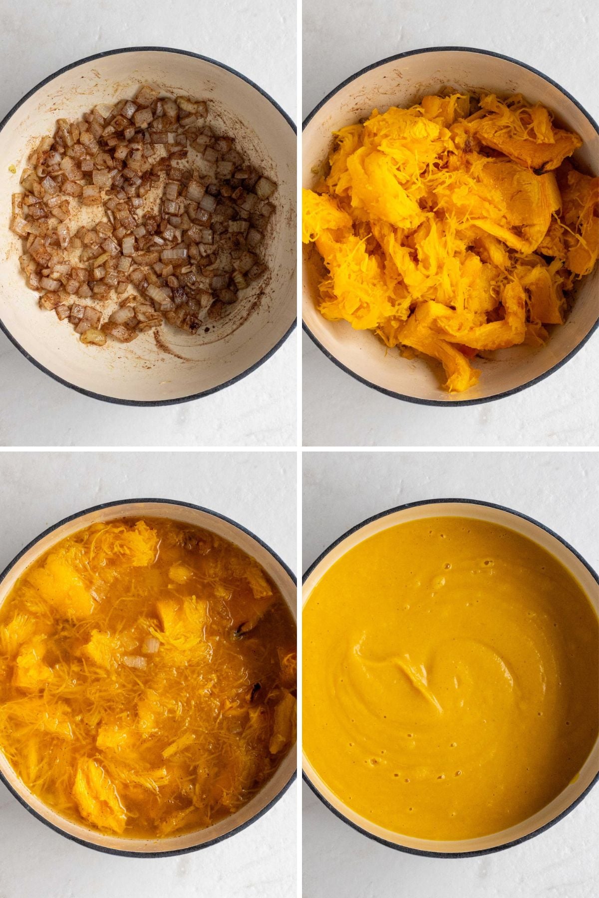 Grid of 4 images with a pot of sautéed onion in spices; a pot with sautéed onion, spices, and roasted pumpkin;  a pot with sautéed onion, spices, roasted pumpkin, and broth; a pot with pumpkin soup.