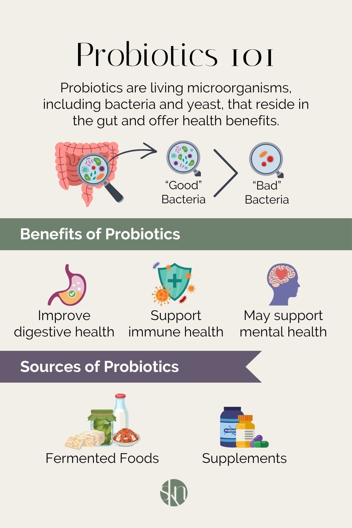 Infographic on the probiotics 101: what they are, their health benefits, and the sources.