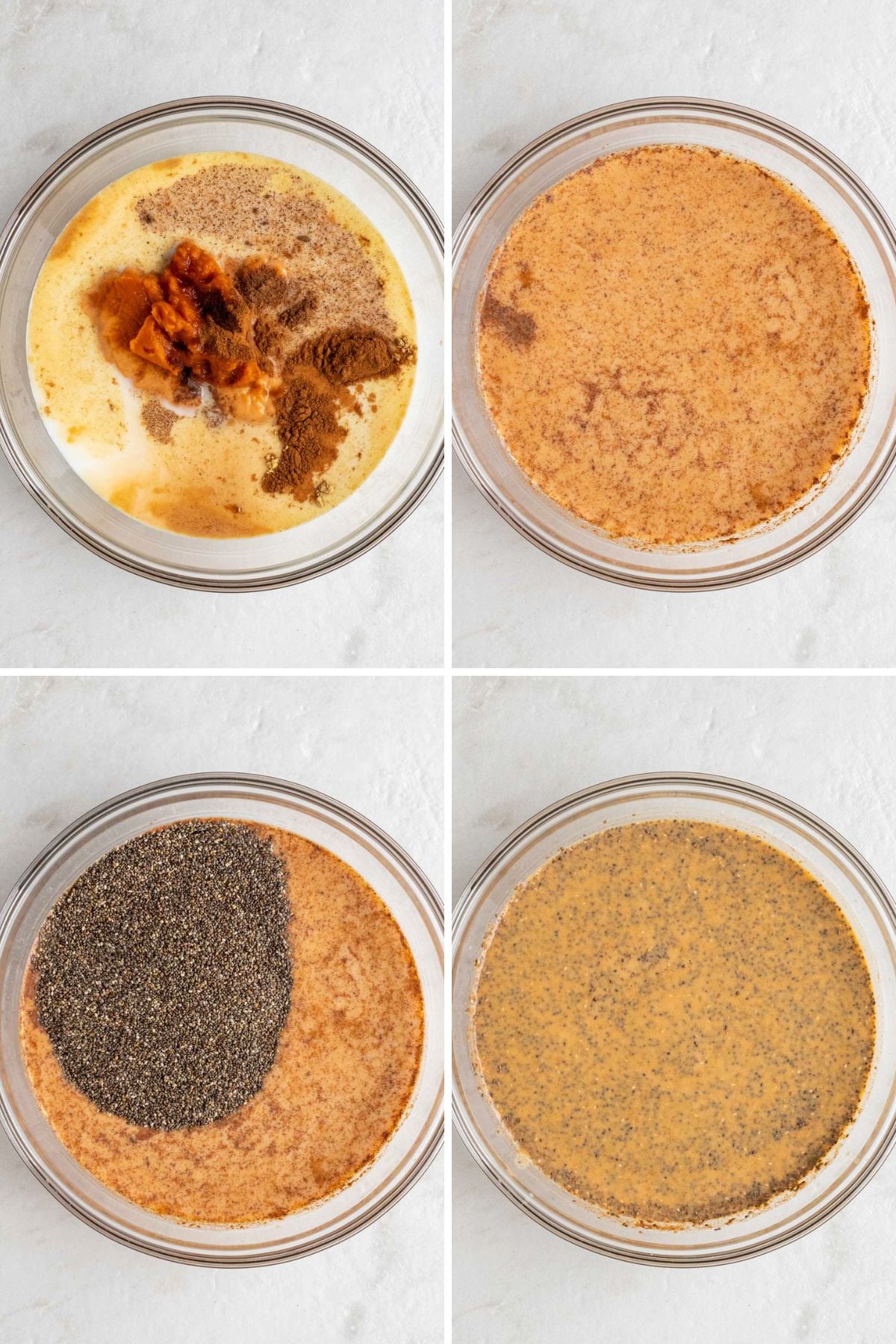 Grid of images with a glass bowl of milk, pumpkin puree, vanilla extract, maple syrup, and spices; a glass bowl of whisk pumpkin mixture; a glass bowl of whisk pumpkin mixture with chia seeds on top; and a glass bowl of pumpkin chia mixture on a white background.