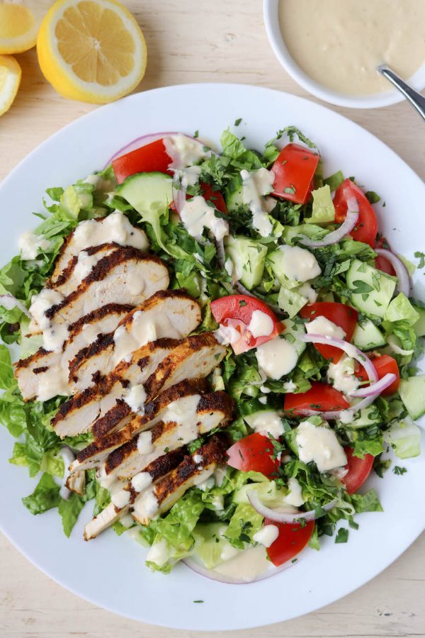 Chicken Shawarma Salad with Tahini Dressing Stephanie Kay Nutrition