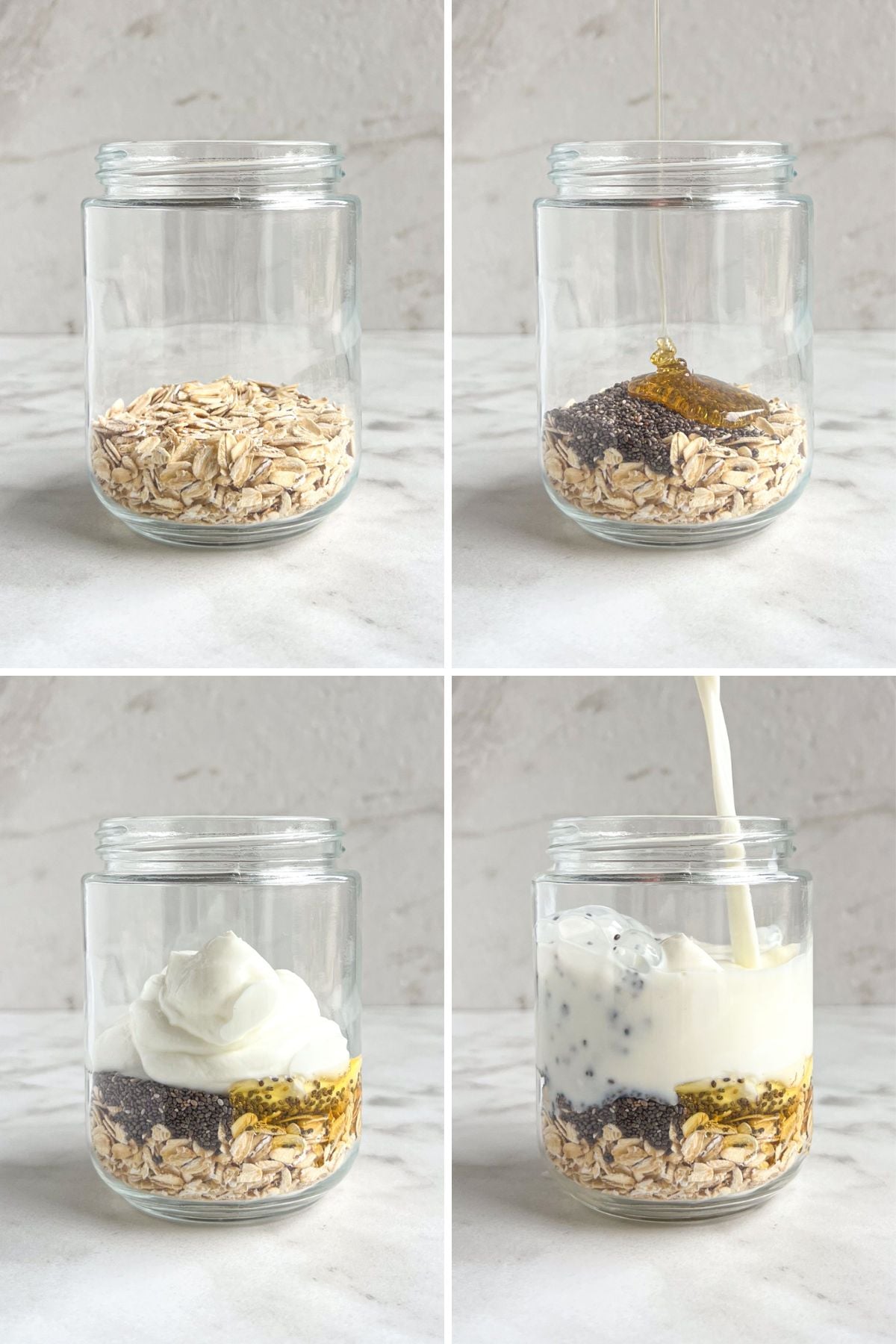 Grid of 4 images with a jar of rolled oats; jar of rolled oats with chia seeds and honey being drizzled on top; jar of rolled oats, chia seeds, honey, and Greek yogurt; and a jar of of rolled oats, chia seeds, honey, and Greek yogurt with milk being poured in.