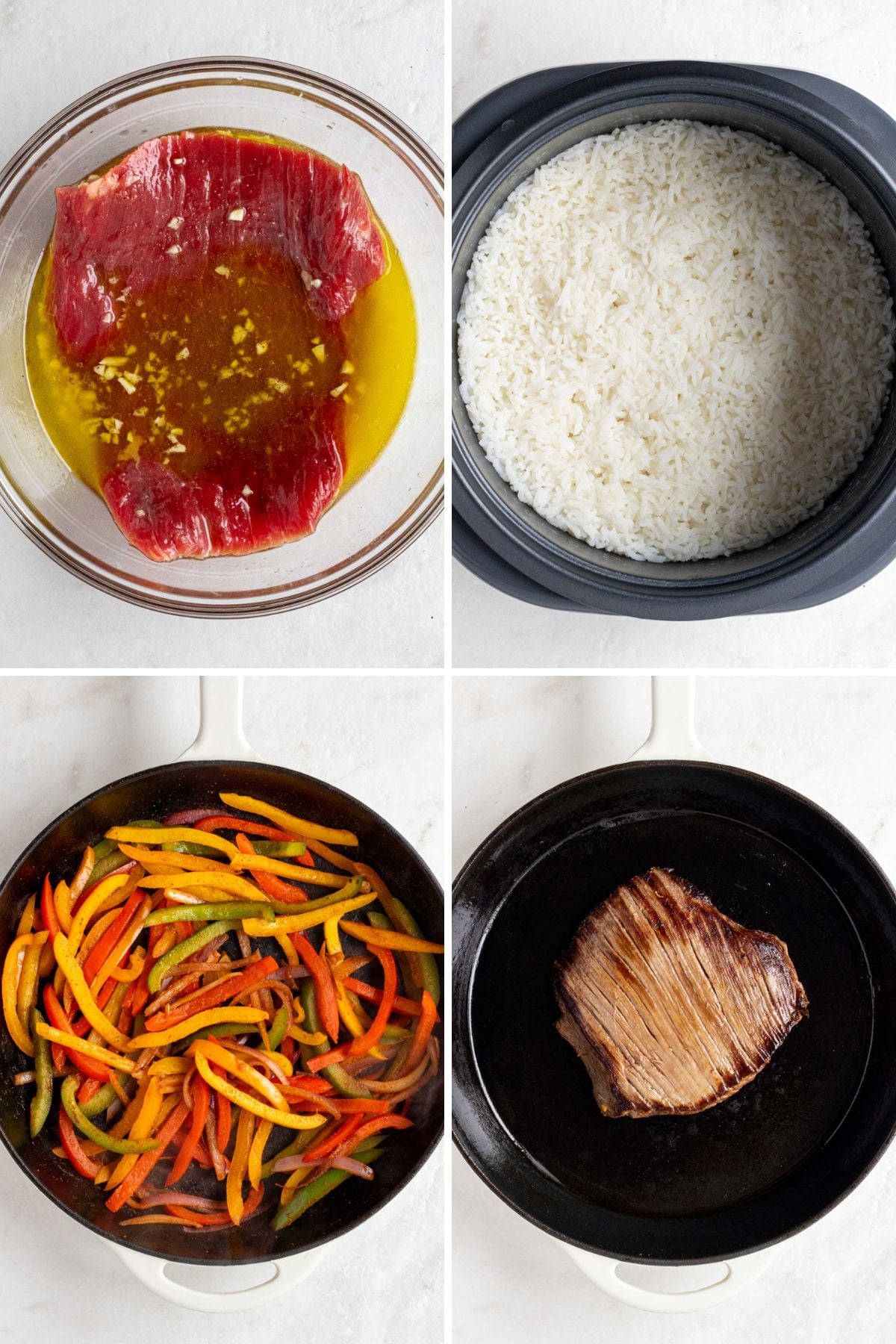 Grid of 4 images with a glass bowl of marinating flank steak; a rice cooker with cooked white rice; a cast-iron skillet with fajita veggies; and a cast-iron skillet with cooked flank steak.