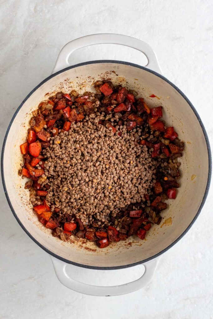 Pot with sautéed veggies, spices, and brown lentils on a white background.