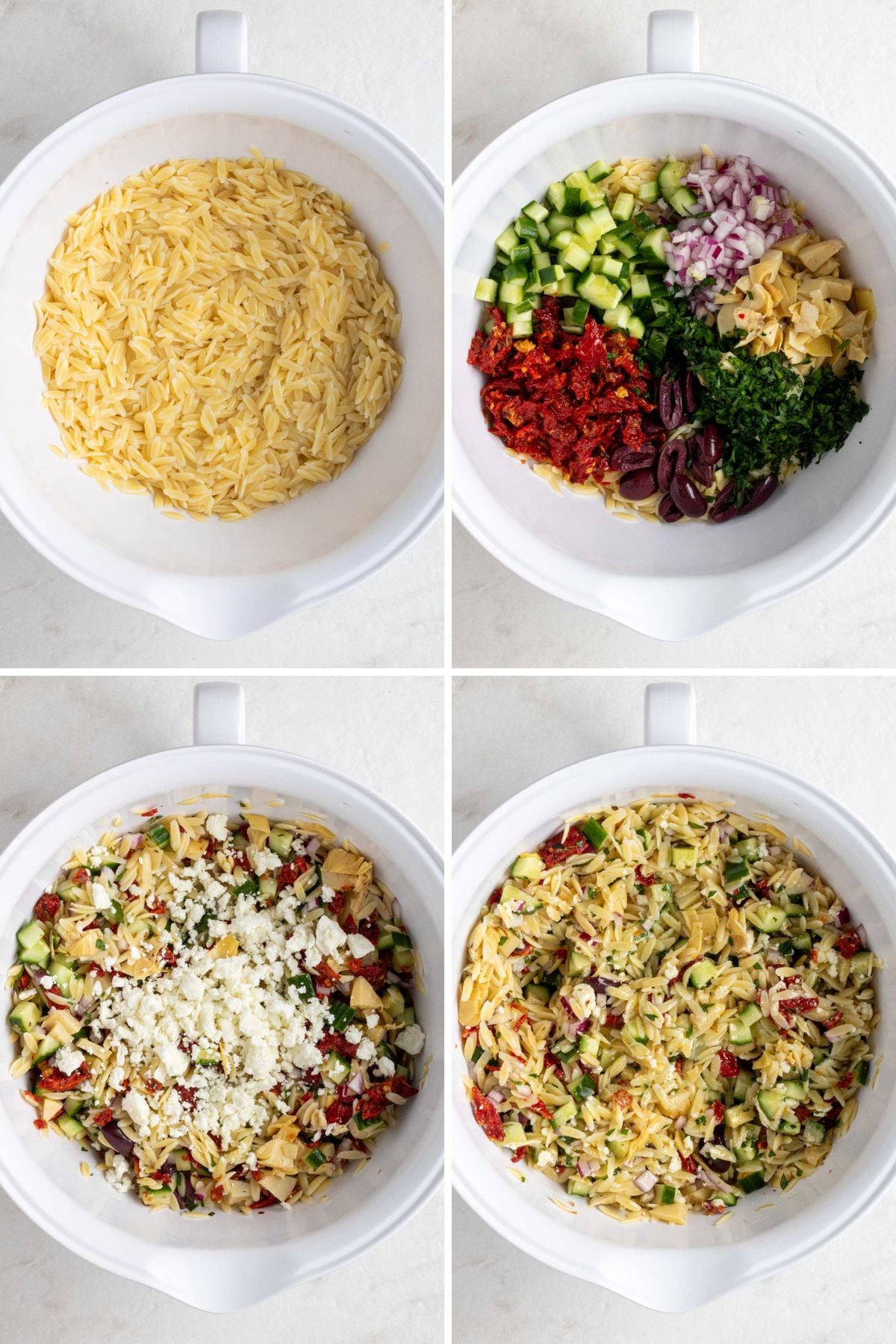 Grid of 4 images of a bowl of cooked orzo; a bowl of cooked orzo with diced cucumber, red onion, artichoke hearts, parsley, olives, and sun-dried tomatoes; bowl with cooked orzo with veggies and crumbled feta cheese on top; and a bowl of orzo pasta salad.