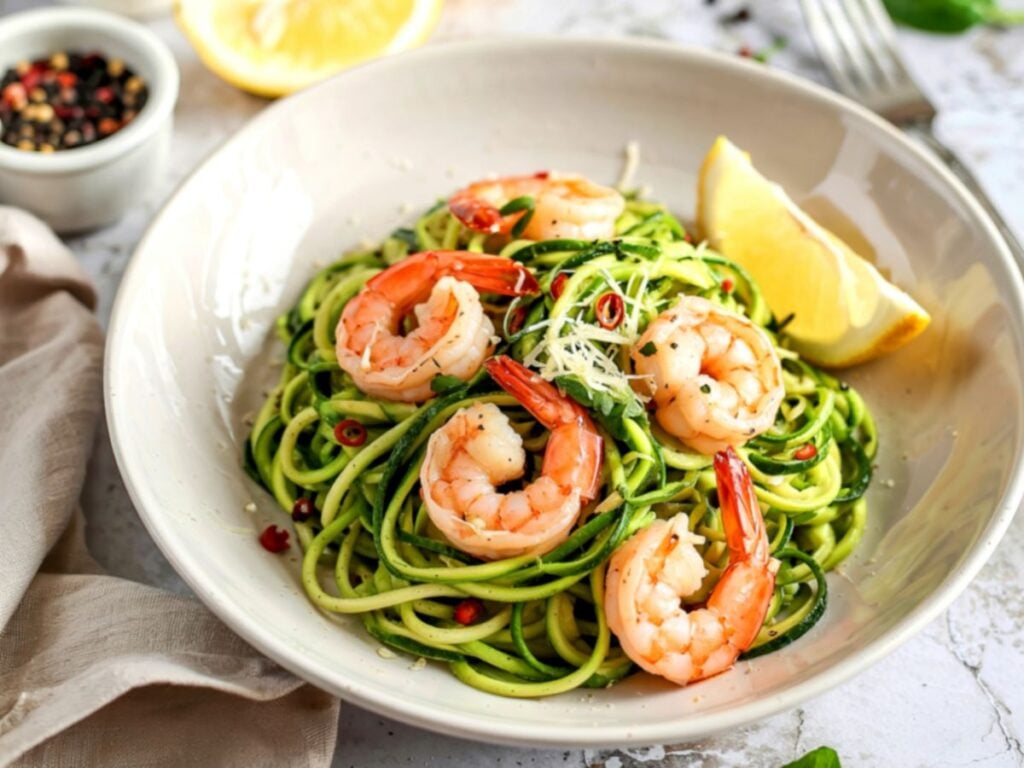 Beige bowl of zucchini noodles with sautéed shrimp with grated parmesan cheese and chilies on top with a lemon wedge on the side.