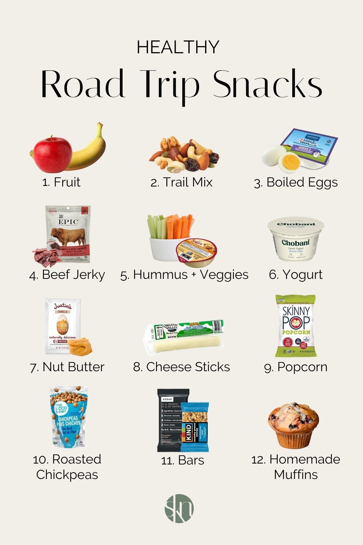 Infographic of healthy road trip snacks.