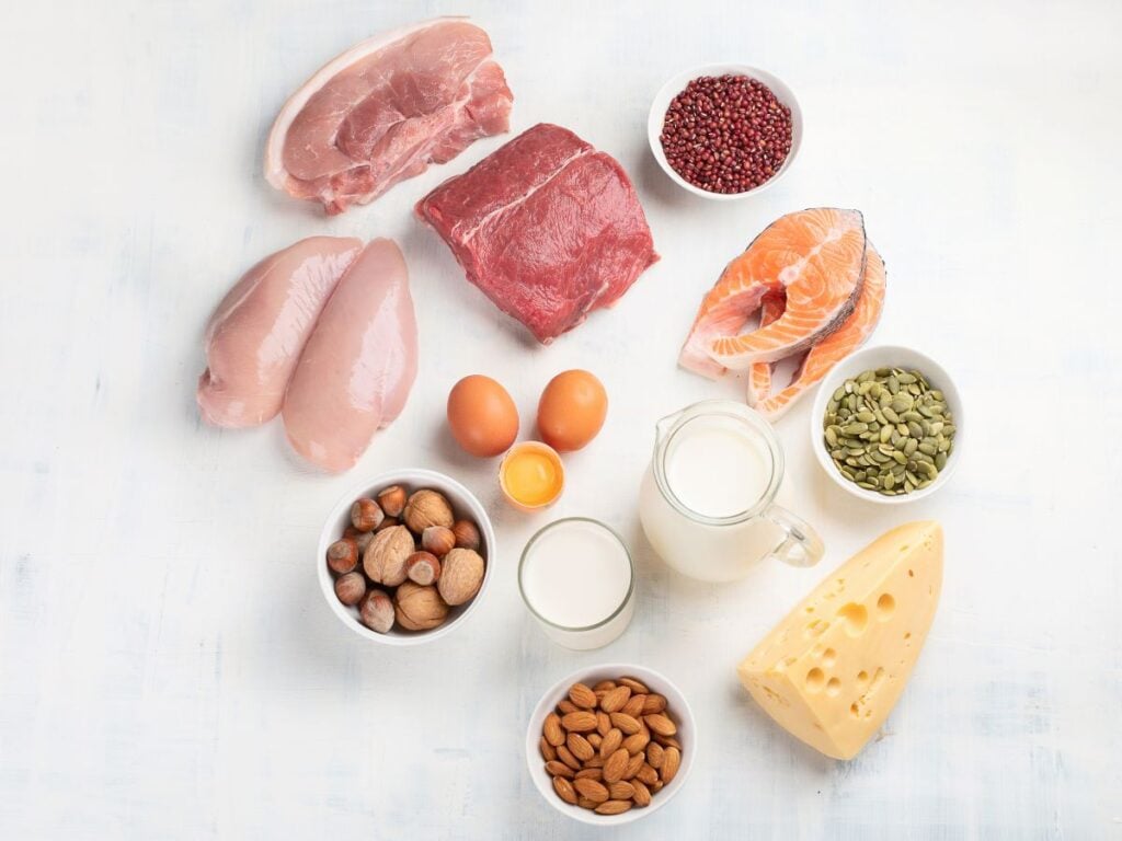 Raw pork, beef, chicken breasts, salmon and eggs, with bowl of beans, sunflower seeds, hazelnuts, and almonds, with a jug of milk and jar of yogurt on a white background.