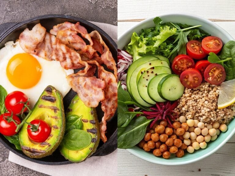 Grid of 2 images with a black plate of fried eggs, avocado, grilled avocado, and cherry tomatoes; and a blue bowl with lettuce, tomatoes, cucumber, shredded beets, whole grains, and roasted chickpeas.