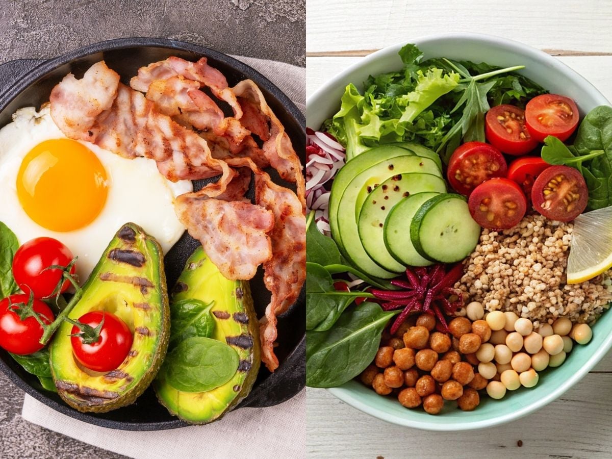 Grid of 2 images with a black plate of fried eggs, avocado, grilled avocado, and cherry tomatoes; and a blue bowl with lettuce, tomatoes, cucumber, shredded beets, whole grains, and roasted chickpeas.