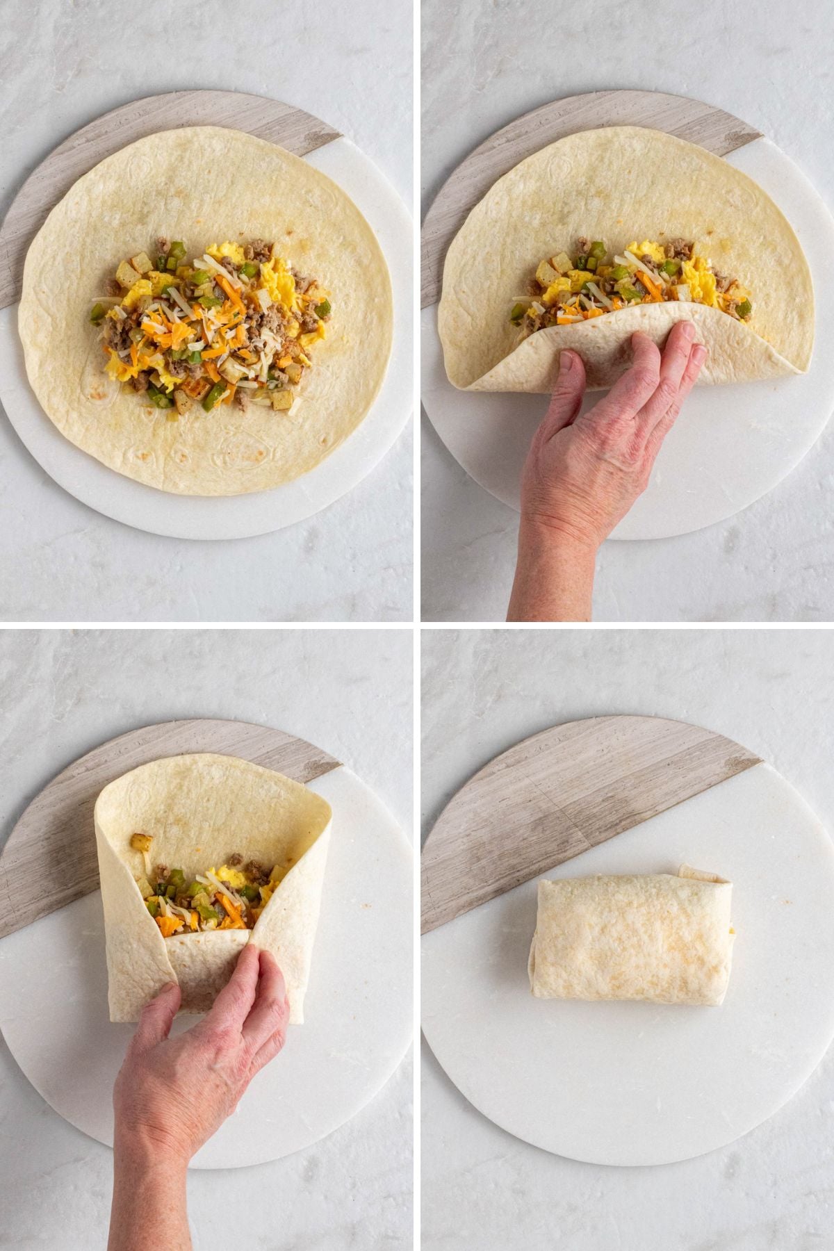 Grid of 4 images demonstrating how to roll breakfast burritos.
