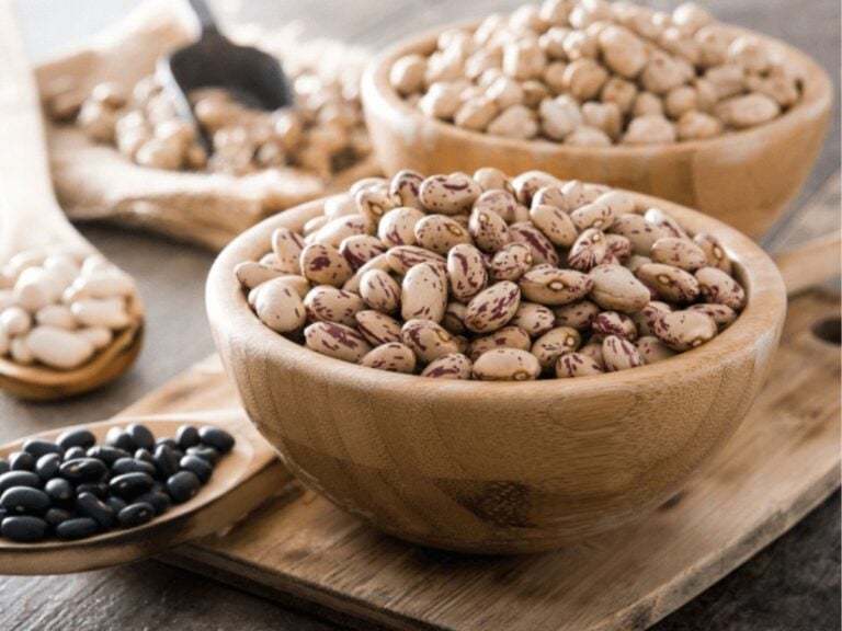 Small wood bowls of dried borlotti beans, chickpeas, and wood spoons black beans and white beans on a wood background.
