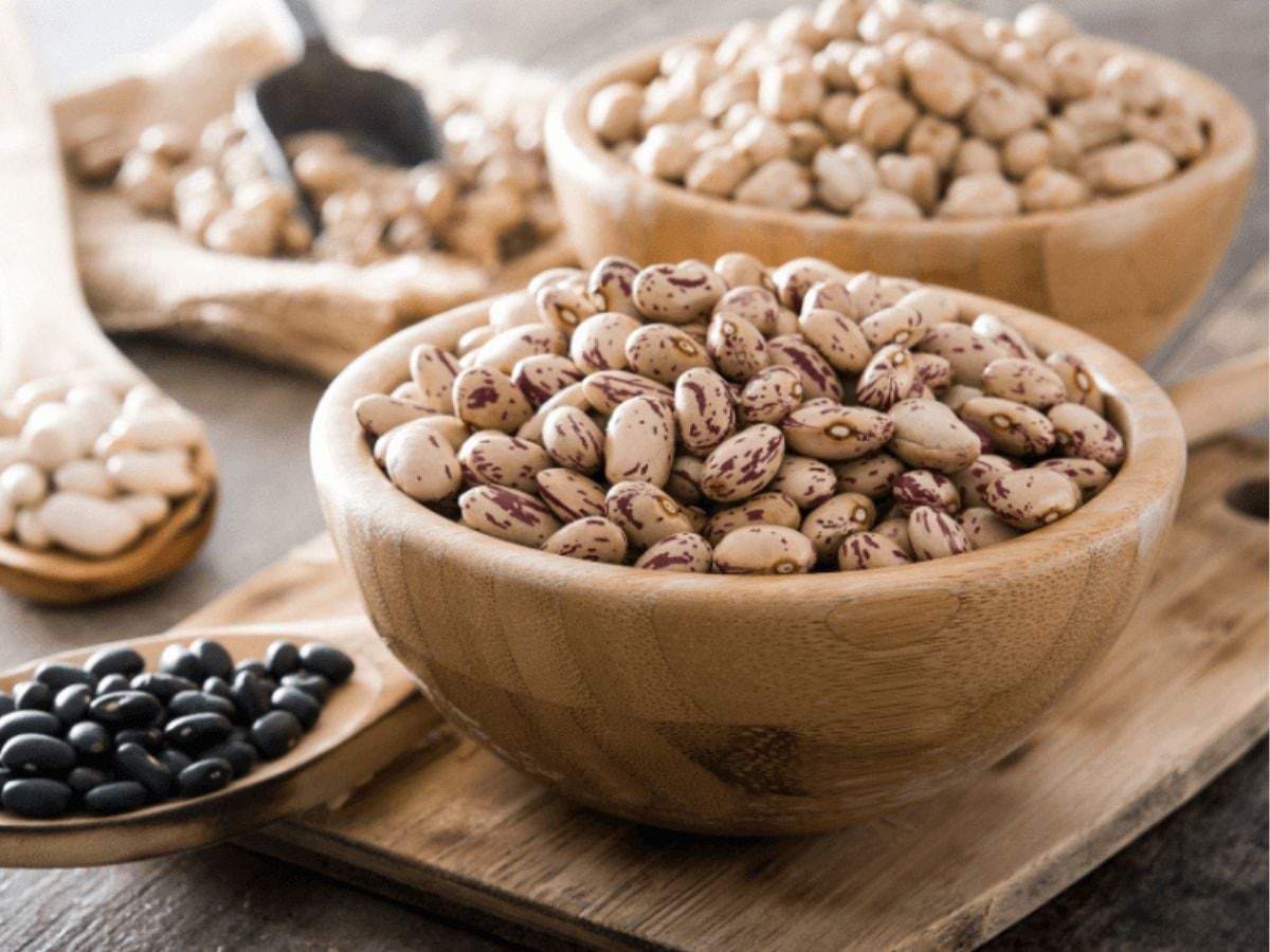Small wood bowls of dried borlotti beans, chickpeas, and wood spoons black beans and white beans on a wood background.