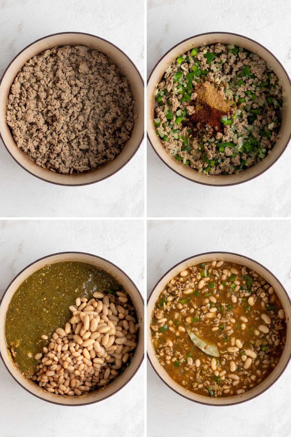 Grid of images of a a large pot of cooked ground turkey; a pot of cooked ground turkey with onion, peppers, and spices; a pot of cooked ground turkey with veggies, spices, tomatillos, and white beans; and a pot of ground turkey, crushed tomatillos, white beans, broth, and a bay leaf.