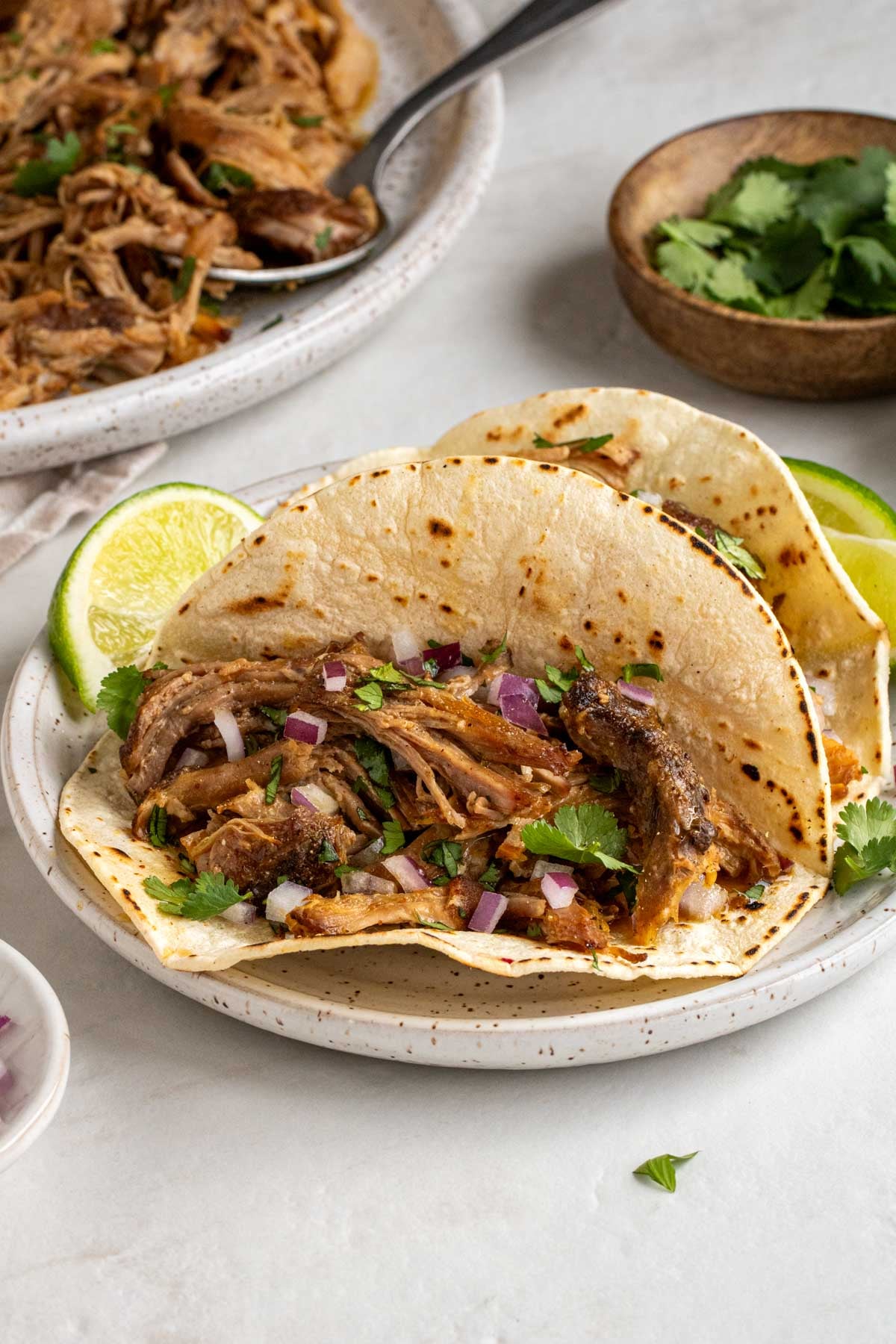Close up of crock pot pulled pork tacos on a speckled white plate with lime wedges, cilantro, and diced red onion on top with a large plate of shredded pork in the background.