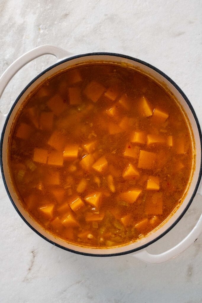 Large pot with sautéed onions, spices, butternut squash, white beans, parmesan rind, and broth.