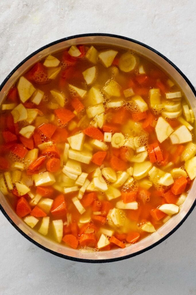 Dutch oven with onions, carrots, parsnips, garlic, broth, salt, and pepper.
