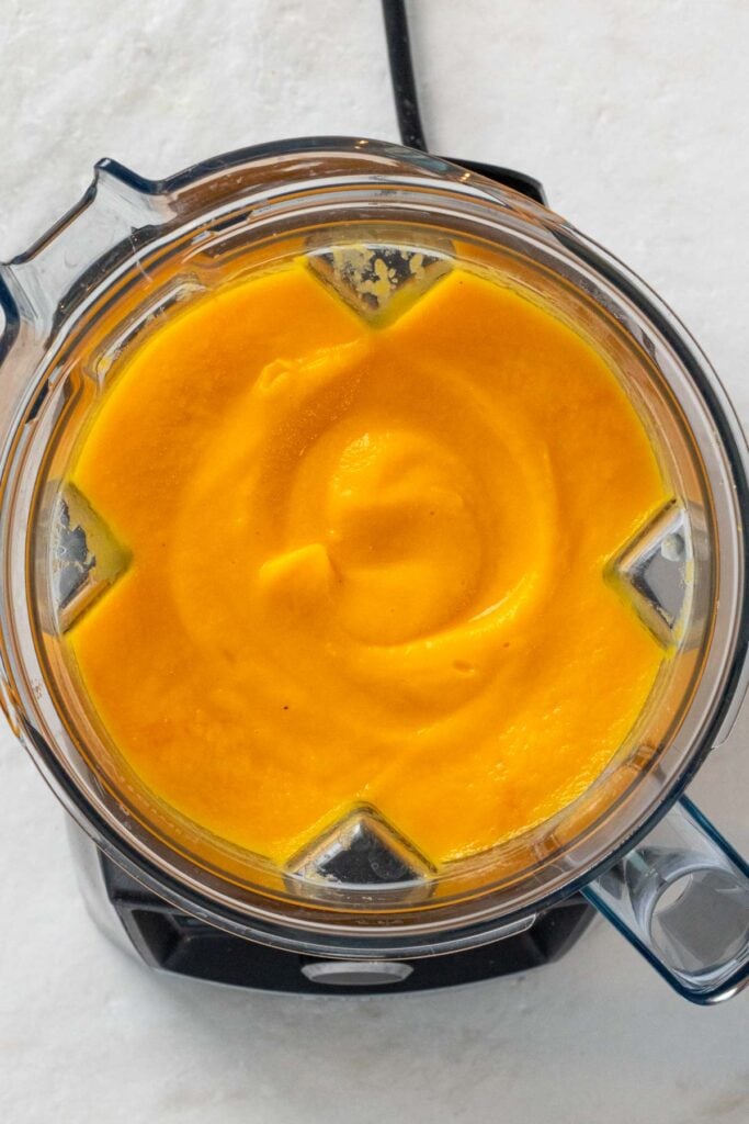 Blender with puréed carrot parsnip soup.
