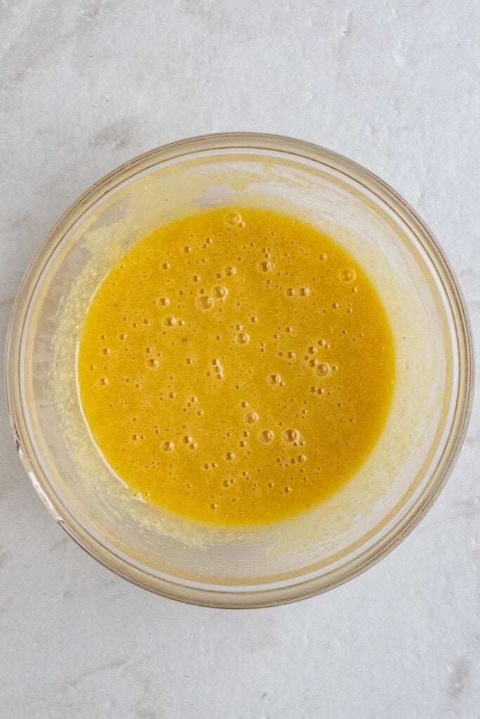 Glass bowl with frangipane batter.