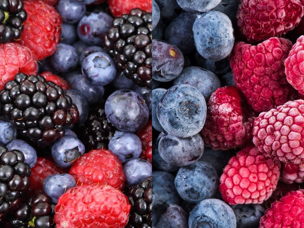 Fresh fruit and frozen fruit with blueberries, raspberries, and blackberries.