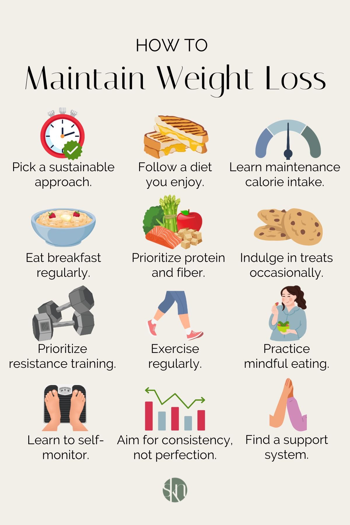 Infographic with tips on how to maintain weight loss.