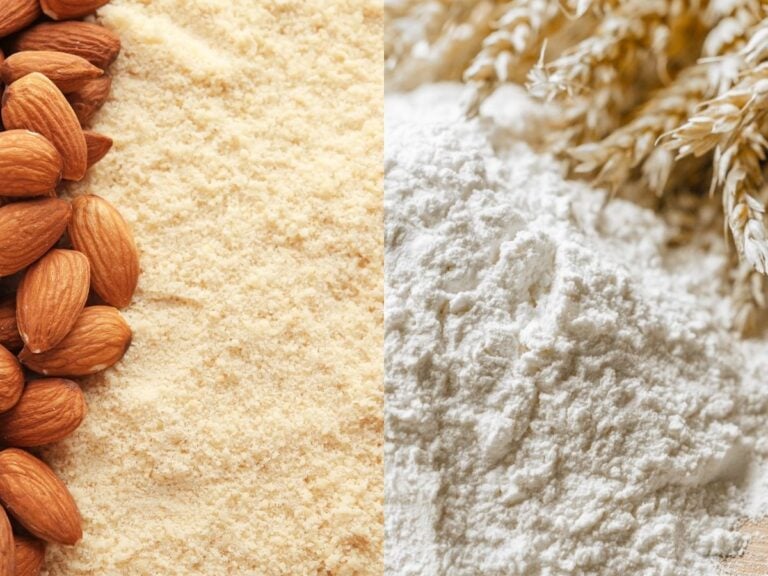 Close up of almond flour with whole almonds and all-purpose flour with wheat spikes.