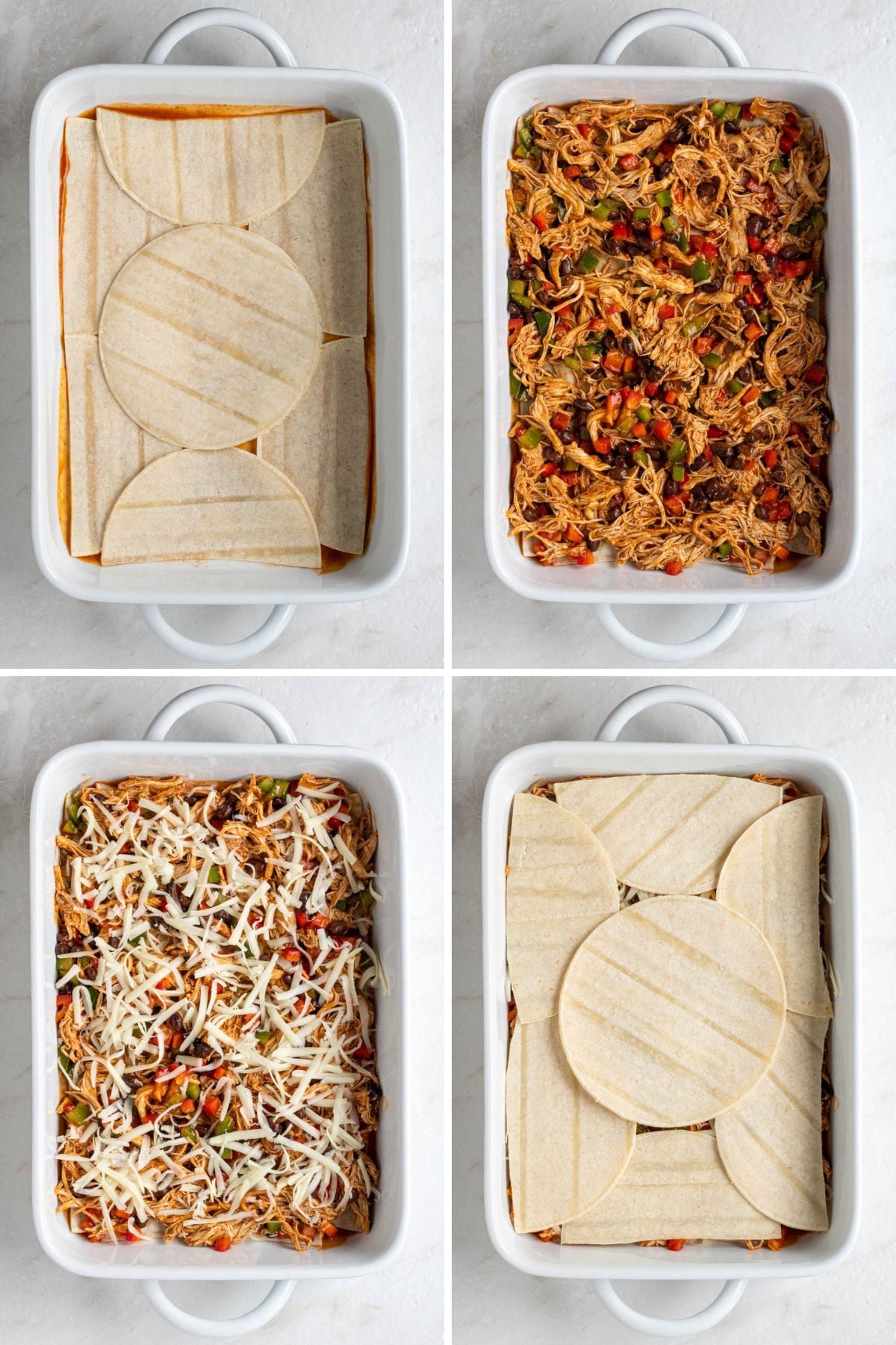 Grid of images of casserole dishes filled with varying amounts of corn tortillas, shredded chicken mixture, and shredded cheese.