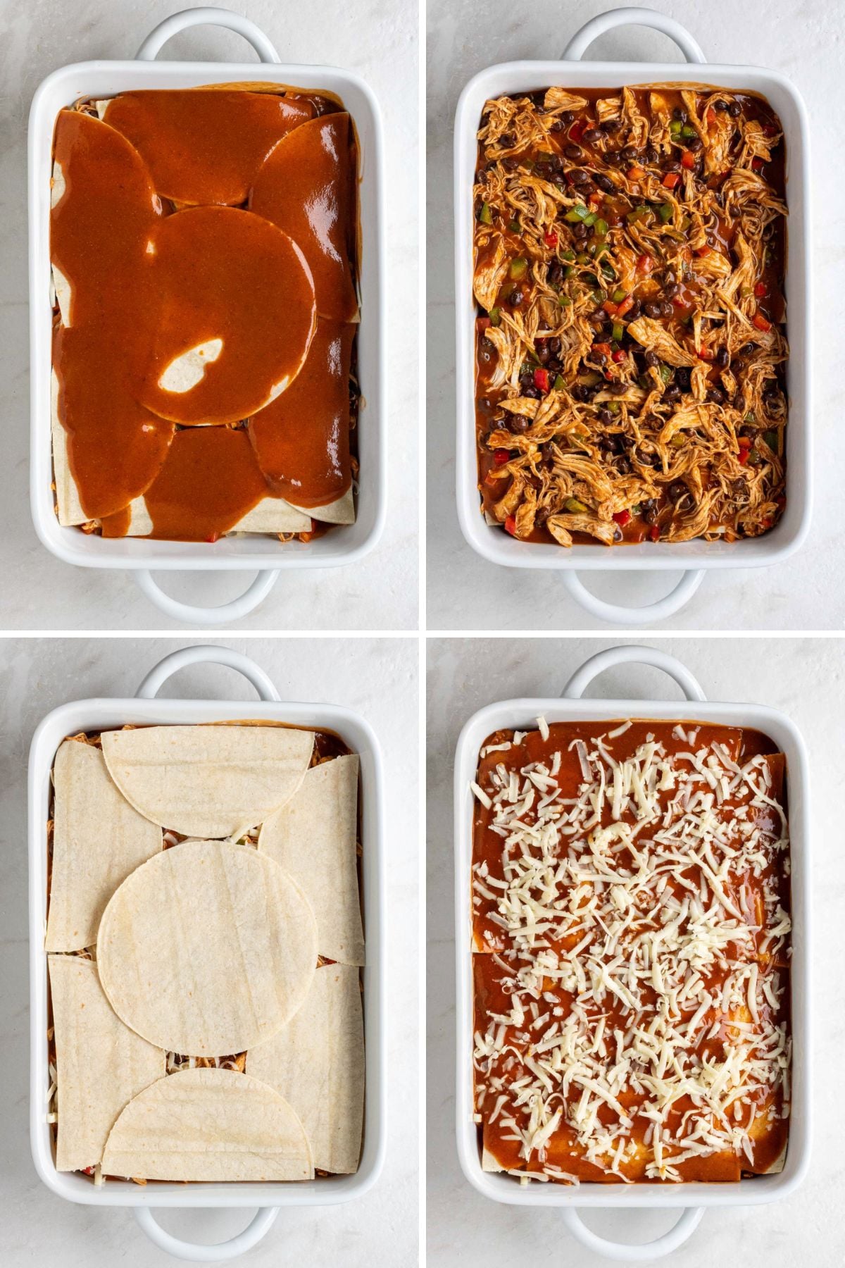 Grid of images of casserole dishes filled with varying amounts of corn tortillas, enchilada sauce, shredded chicken mixture, and shredded cheese.