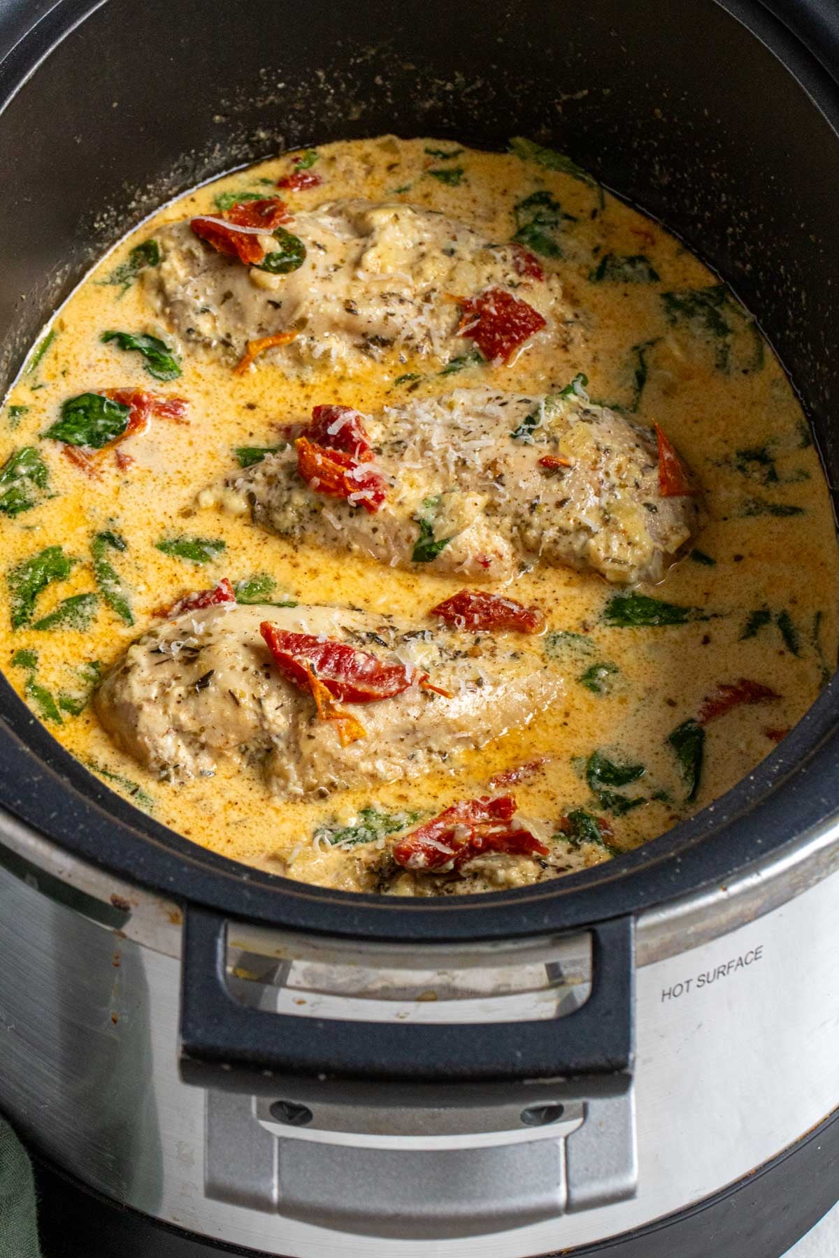 Close up of slow cooker Tuscan chicken.