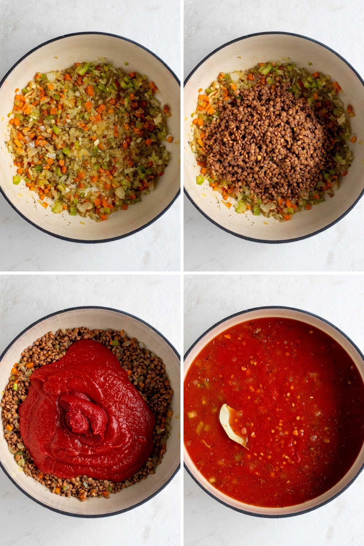 Grid of four images of a pot of sautéed mirepoix, garlic, and herbs; pot of sautéed veggies with soaked lentils; pot of sautéed veggies, lentils, and crushed tomatoes and tomato paste, and a pot of vegan bolognese mixture ready for cooking.