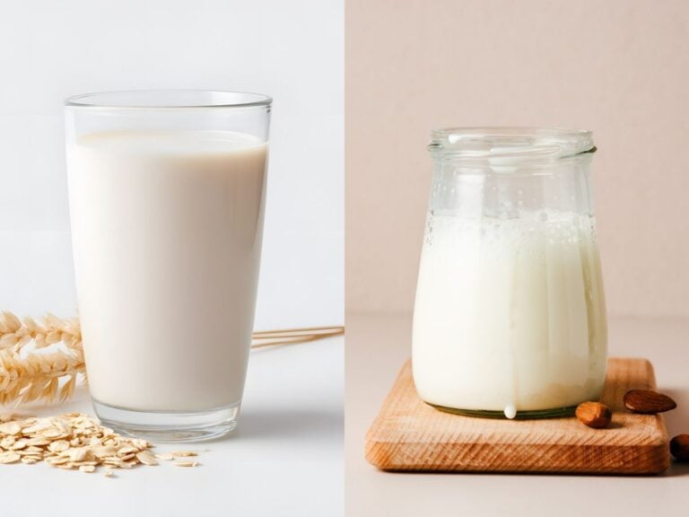 Tall glass of oat milk with rolled oats on the side and an oat straw behind it on a white background, next to a small jar of almond milk on a wood cutting board with whole almond on the side on a pink background.