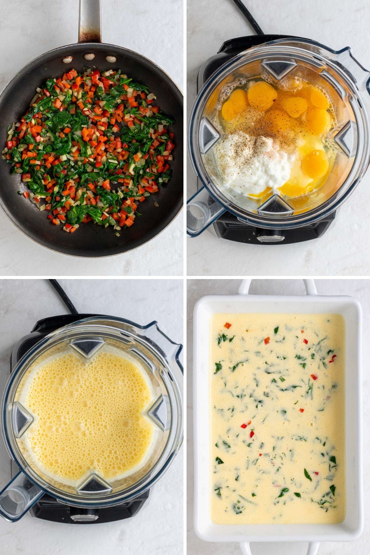 Grid of four images with a pan of sautéed vegetables; a blender with eggs, cottage cheese, salt, and pepper; a blender with cottage cheese egg mixture; and a baking dish of cottage cheese egg mixture with sautéed vegetables.  