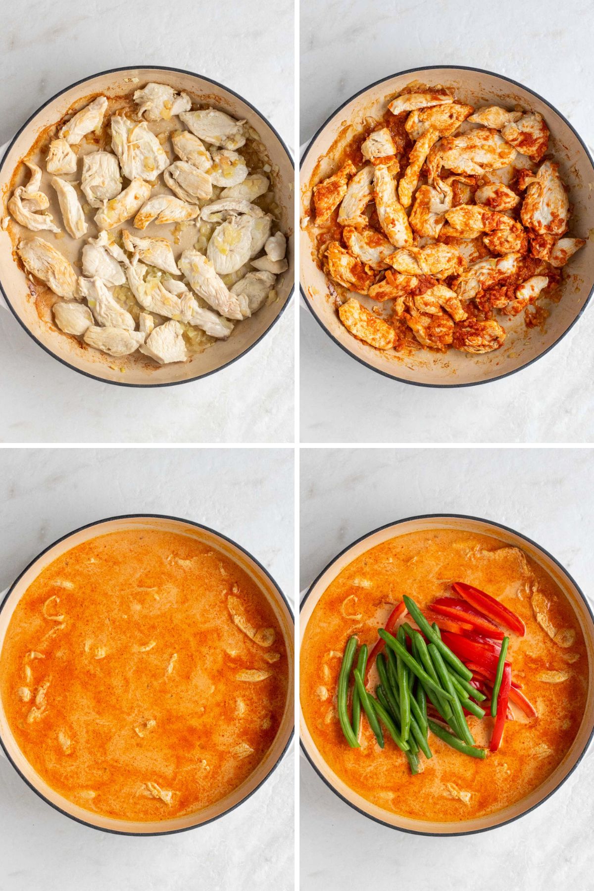 Grid of images of a pot of cooked sliced chicken, pot of cooked chicken covered in red curry paste, pot with chicken in a creamy red Thai curry sauce, and a pot with chicken, creamy red Thai curry sauce, sliced bell pepper and green beans.