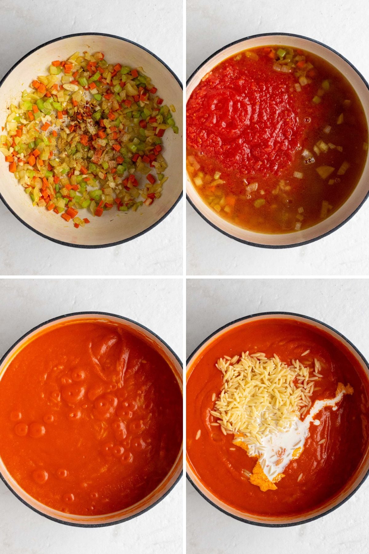 Grid of four images of a pot with sautéed onion, carrots, and celery; pot with sautéed veggies, crushed tomatoes, and broth; pot of bubbling tomato mixture; and a pot of bubbling tomato mixture with cooked orzo and heavy cream on top.