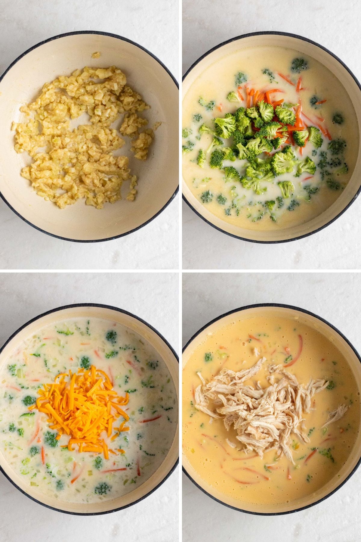Grid of 4 images of a pot of sautéed onion and flour mix; a pot with broccoli, carrots, chicken broth, and milk, a pot of of milky broth with broccoli and carrots with shredded cheddar cheese on top; and a pot of chicken broccoli soup with shredded chicken on top.