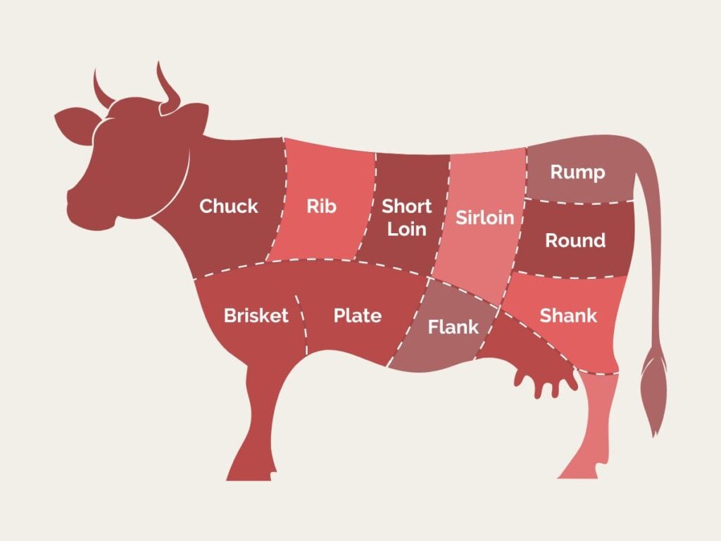 Red graphic of cow with sections of beef cuts identified on a beige background.