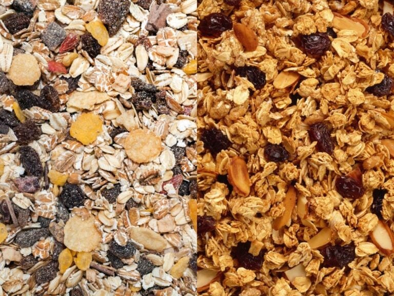 Grid of two images of muesli and granola.