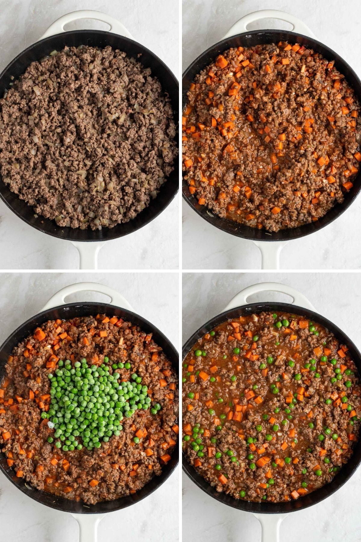 Grid of 4 images of a cast-iron skillet with cooked ground beef; a cast-iron skillet with cooked ground beef with gravy and carrots; a cast-iron skillet with cooked ground beef with gravy and carrots and frozen peas on top; and a cast-iron skillet with shepherd's pie filling. 