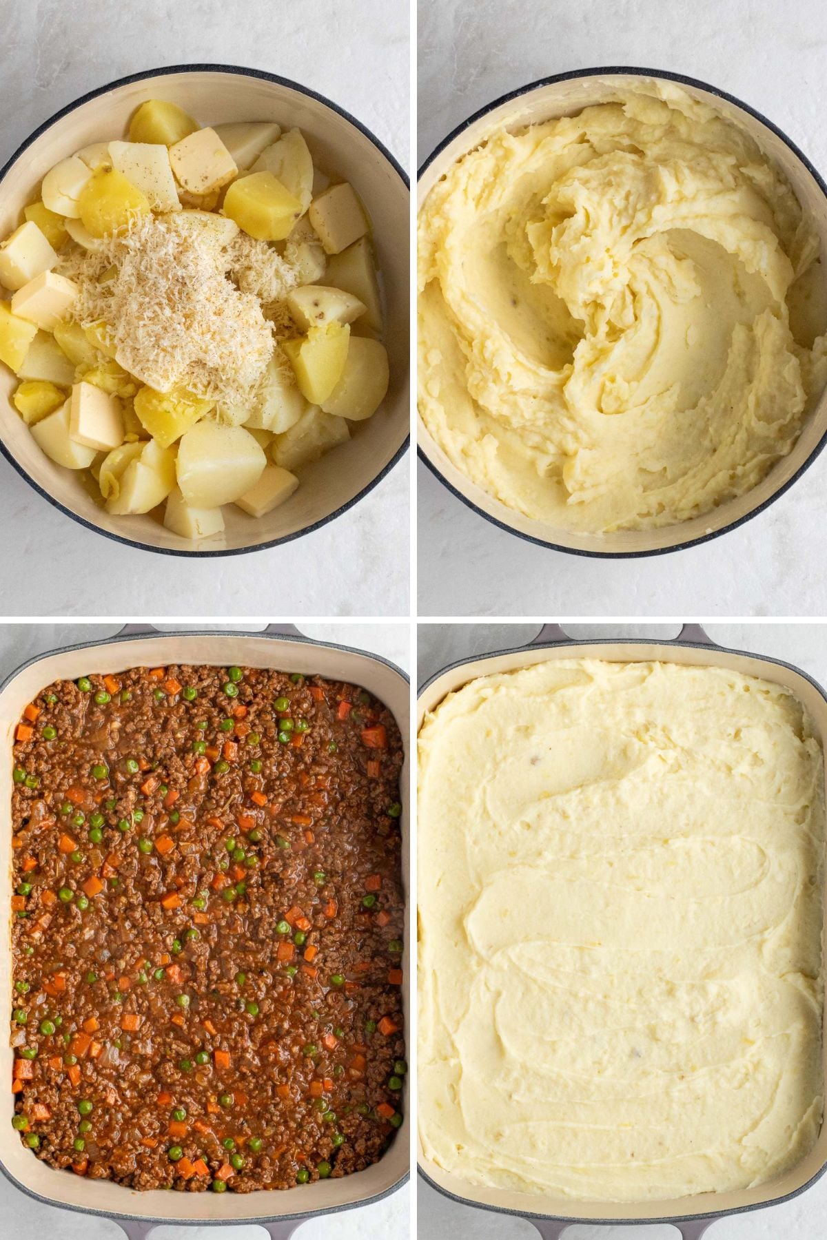 Grid of 4 images with a pot of boiled potatoes, butter, and milk; a pot of mashed potatoes; a baking dish with shepherd's pie filling; and a baking dish with shepherd's pie filling and mashed potatoes on top.