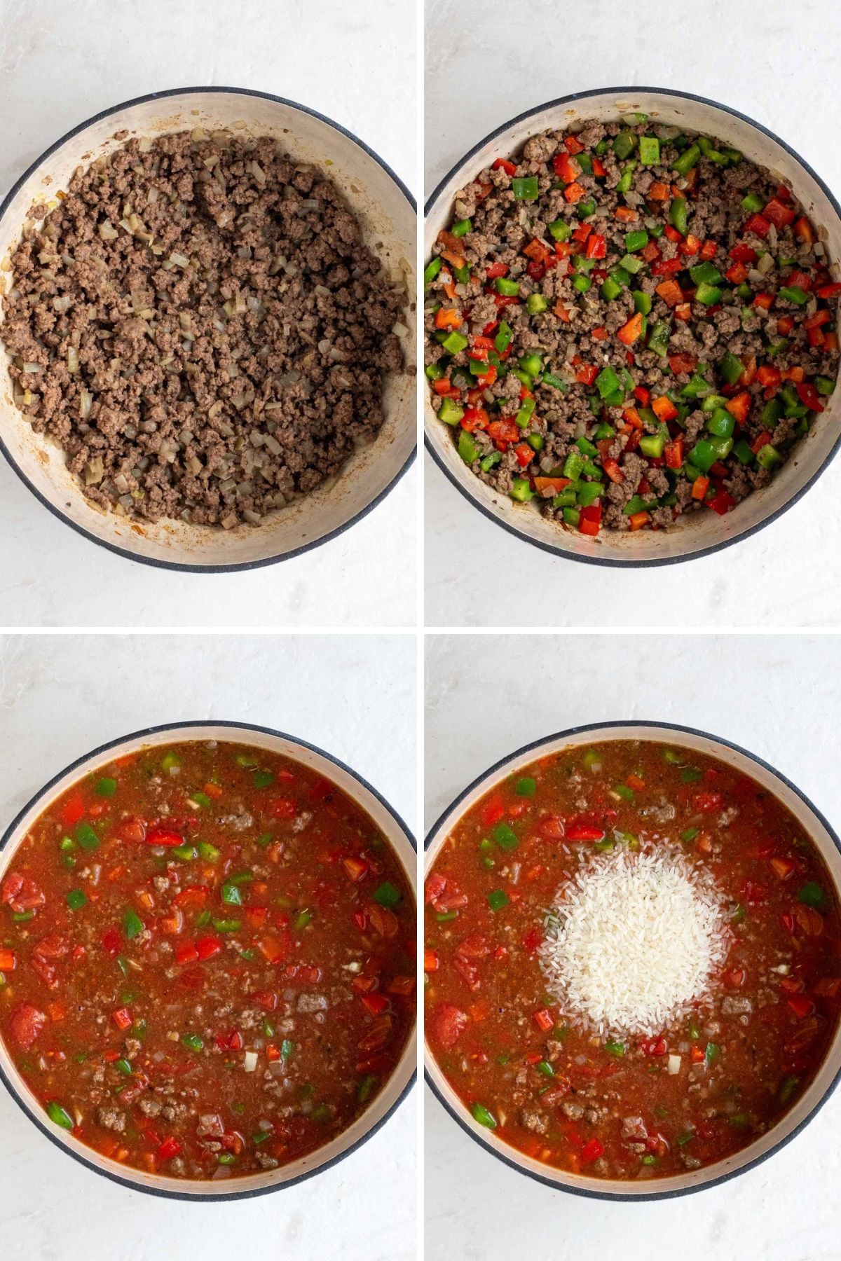 Grid of 4 images of a pot of cooked ground beef with sautéed  onions, a pot of cooked ground beef with sautéed veggies and herbs, a pot of cooked ground beef in tomato sauce, and a pot of cooked ground beef in a tomato sauce with raw white rice on top. 