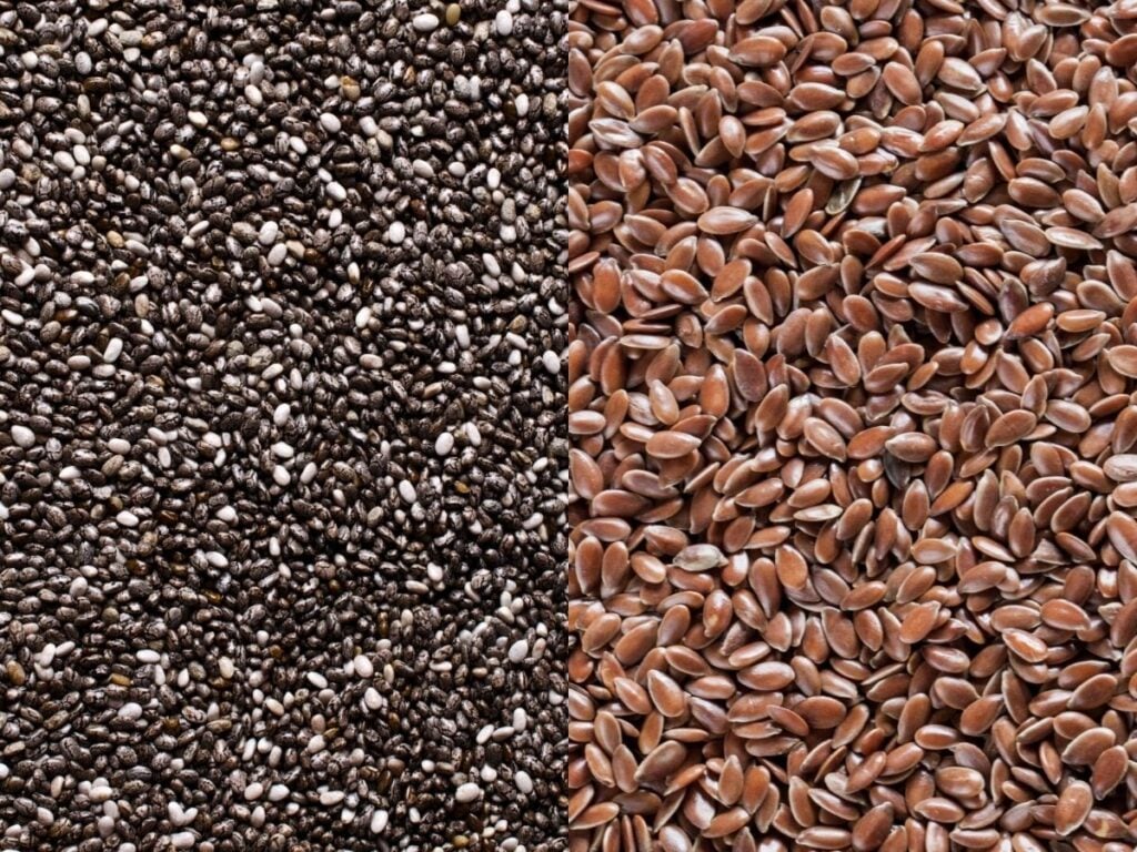 Grid of 2 images of chia seeds and flax seeds.