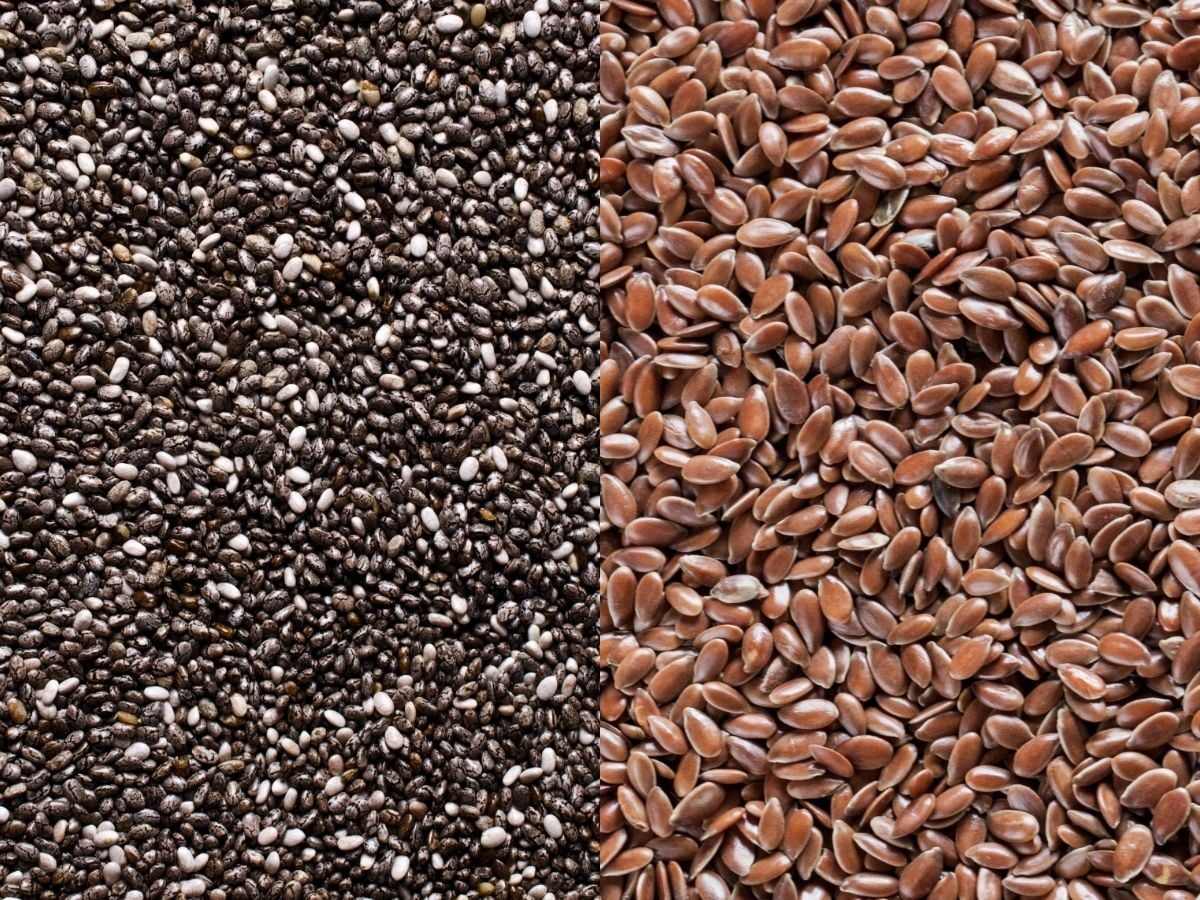 Grid of 2 images of chia seeds and flax seeds.