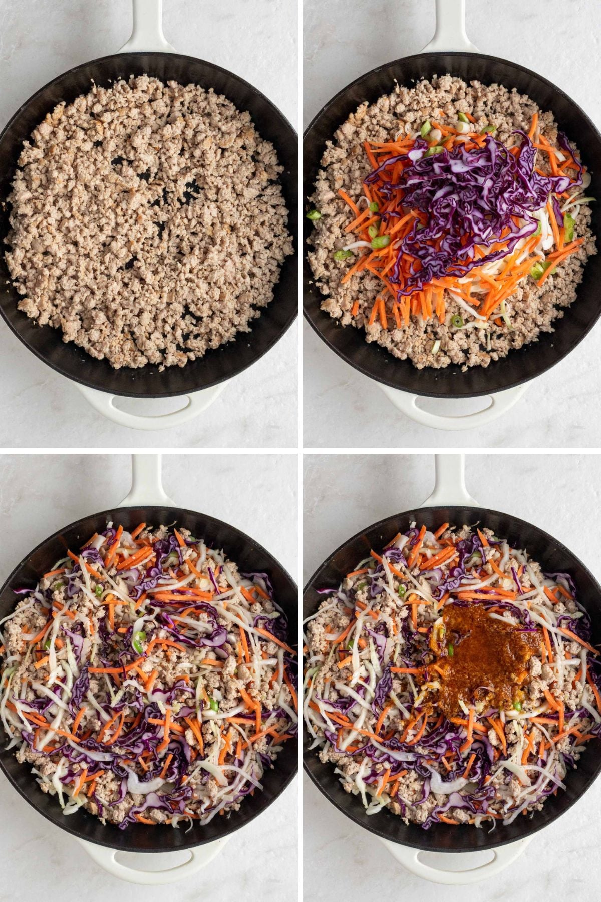 Grid of 4 images of a pan with cooked ground pork; a pan of cooked ground pork with shredded carrots and cabbage on top; a pan of cooked pork mixed with coleslaw veggies; and a pan of cooked pork mixed with coleslaw veggies with sauce on top.